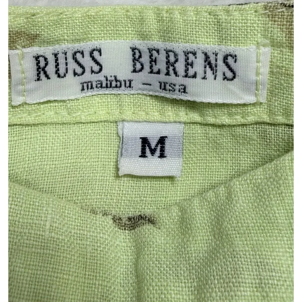 Vintage Russ Berens Malibu Linen Maxi Dress M Lime Green Leaf Print Made in USA